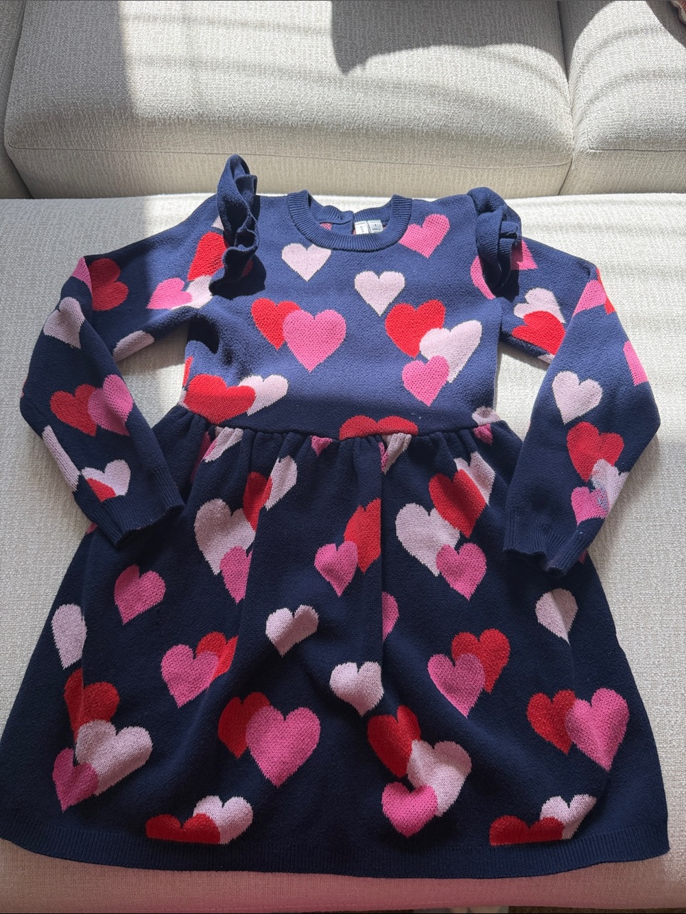 Janie and Jack Navy Knit Dress with Pink & Red Heart Pattern